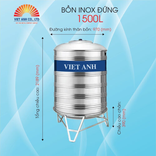 Bồn nước Inox Việt Anh 1500l đứng Φ970