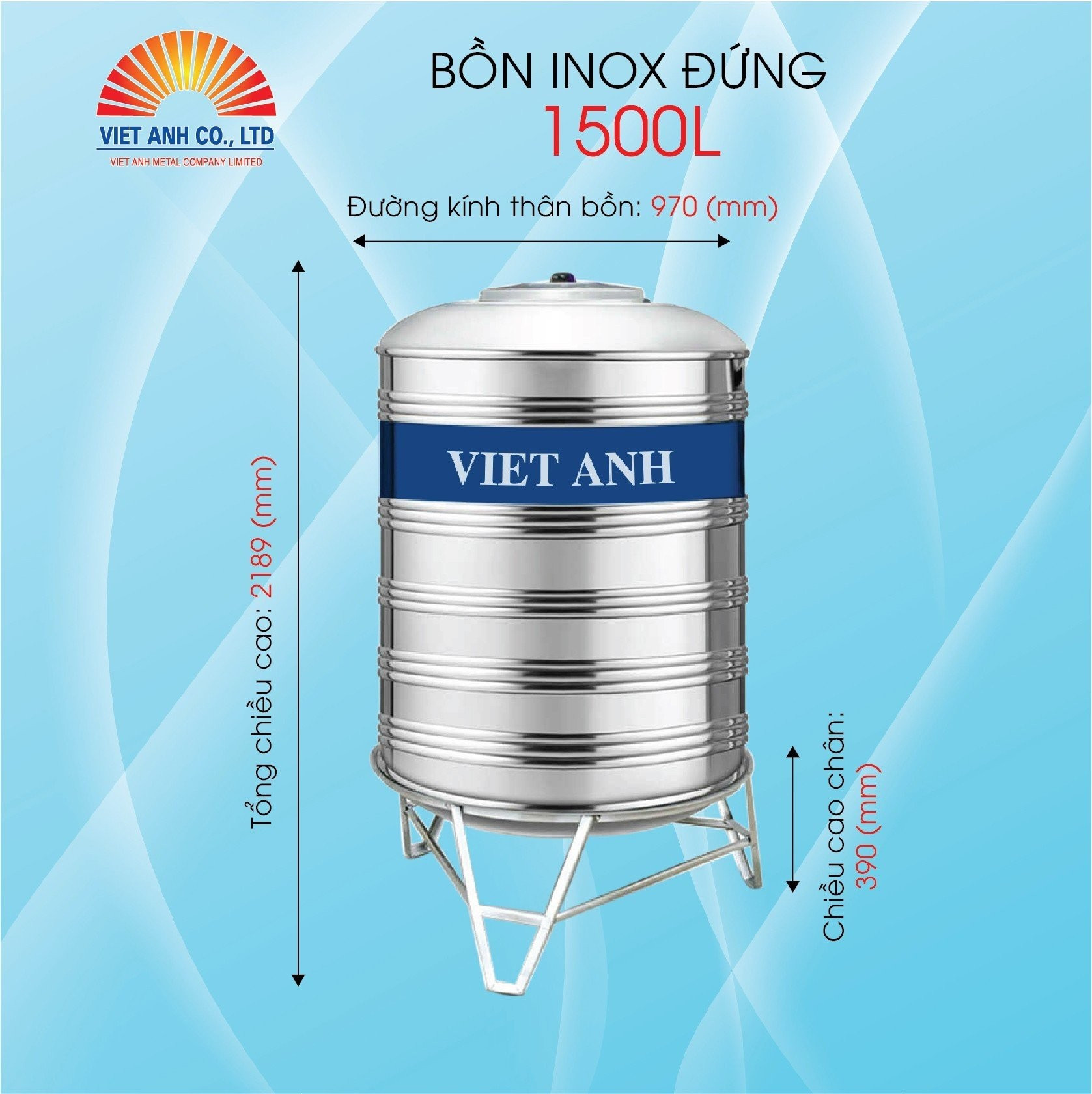 Bồn nước Inox Việt Anh 1500l đứng Φ970 Bồn nước Inox Việt Anh 1500l đứng Φ970