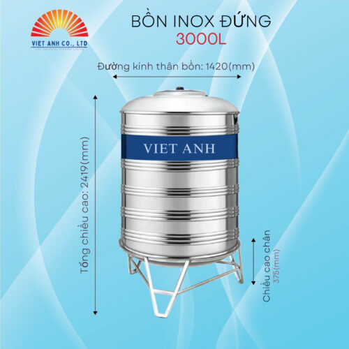Bồn nước Inox Việt Anh 3000l đứng Φ1420