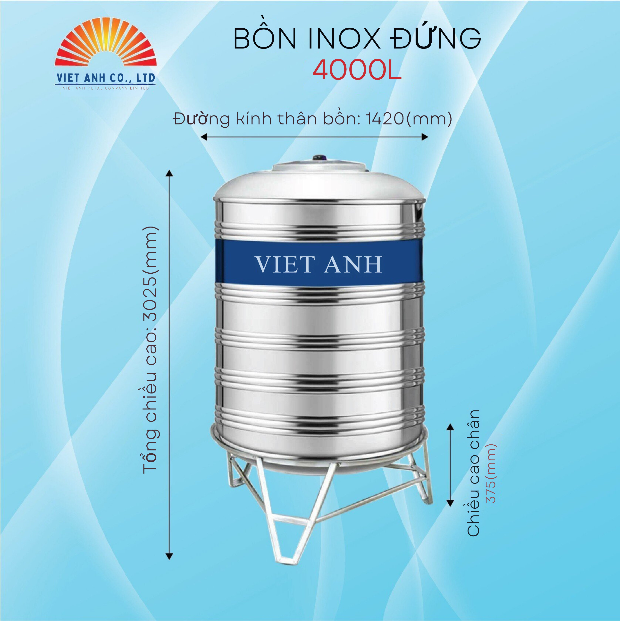 Bồn nước Inox Việt Anh 4000l đứng Φ1420 Bồn nước Inox Việt Anh 4000l đứng Φ1420