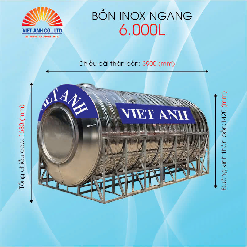 Bồn nước Inox ngang dung tích 6000l-Φ1420mm- Việt Anh Bồn nước Inox ngang dung tích 6000l-Φ1420mm- Việt Anh