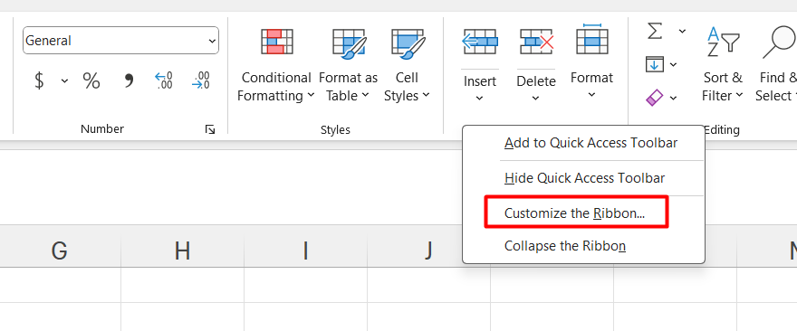 Bật Developer Tab - Bước 1: Chọn Customize Ribbon