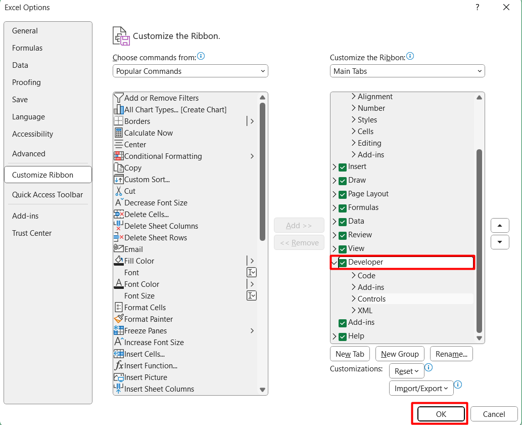 Bật Developer Tab - Bước 2-Chọn ô Developer