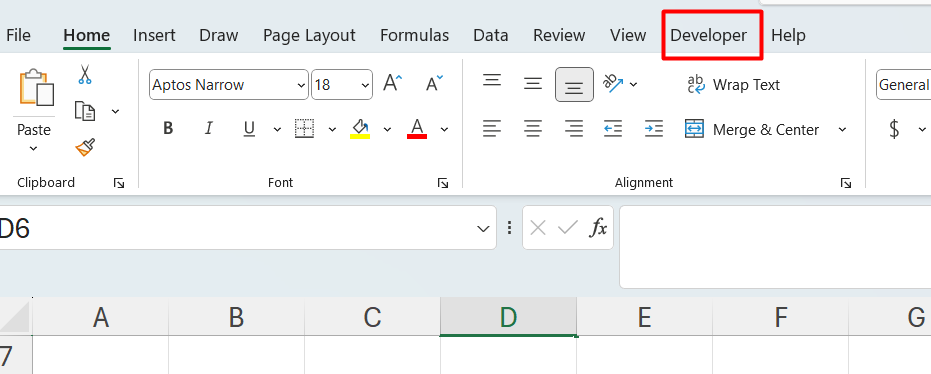 Bật Developer Tab - kết quả- Tab Developer hiển thị cạnh tab View