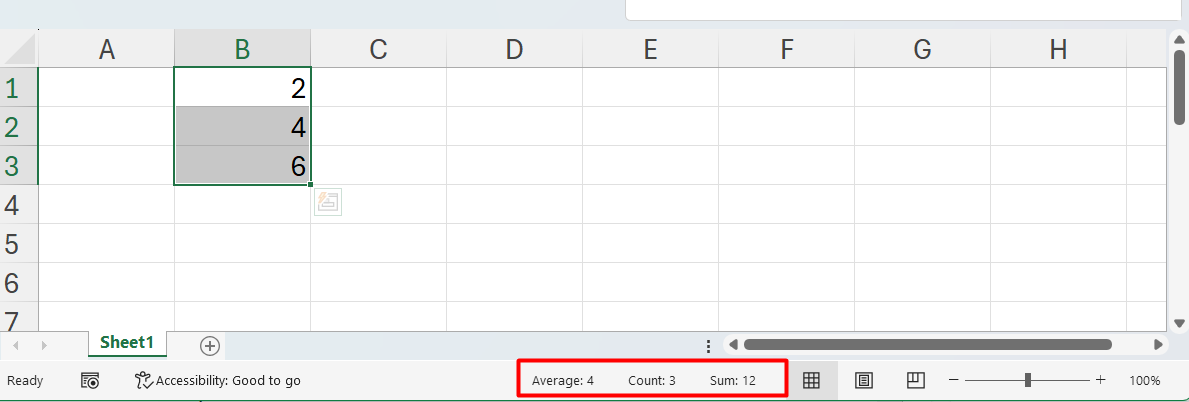 Các kết quả tính toán nhanh trong Status bar