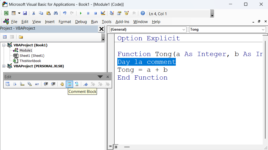 Comment block trong VBA