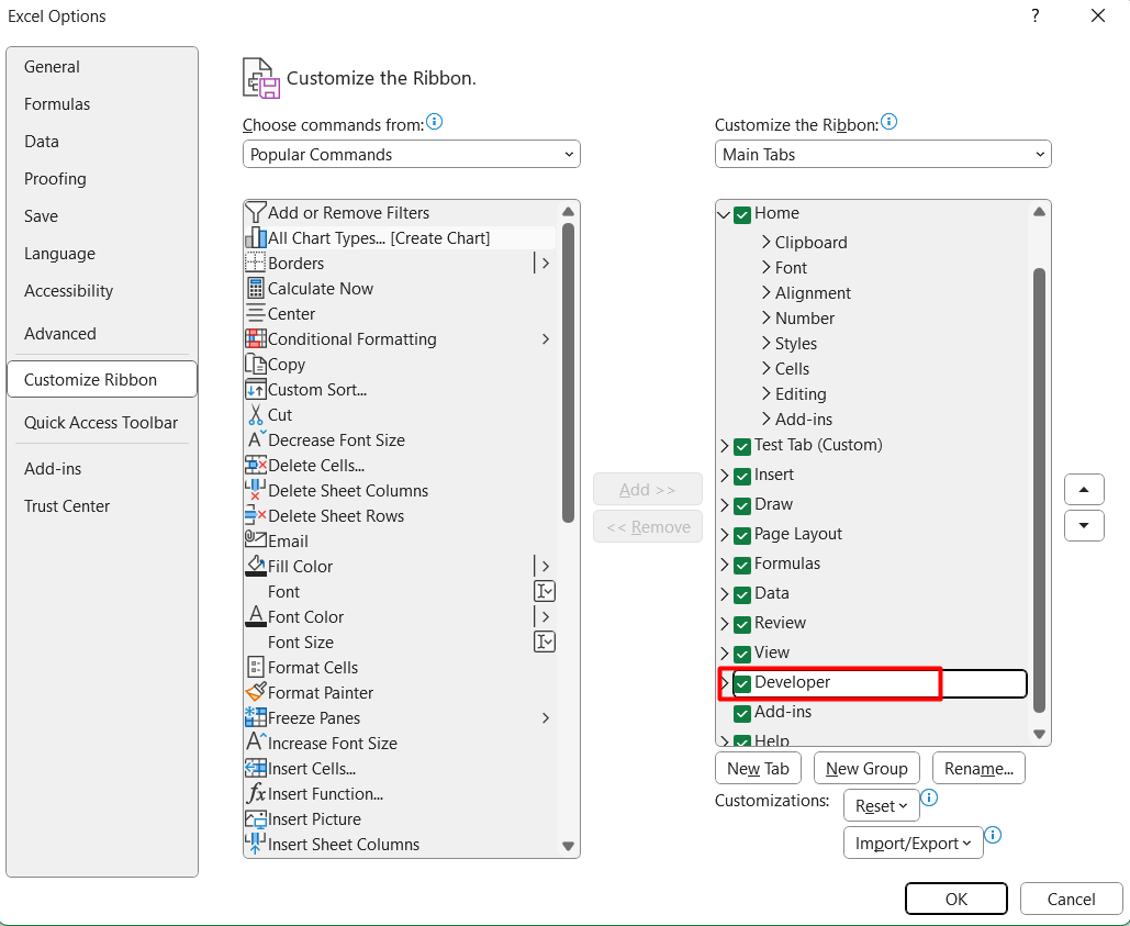 Developer tab trong excel