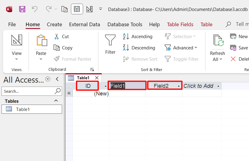 MS Access Tạo bảng dữ liệu cách 1