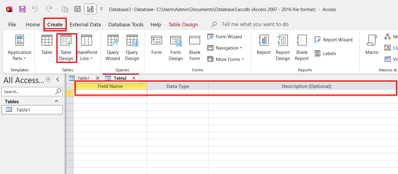 MS Access Tạo bảng dữ liệu cách 2