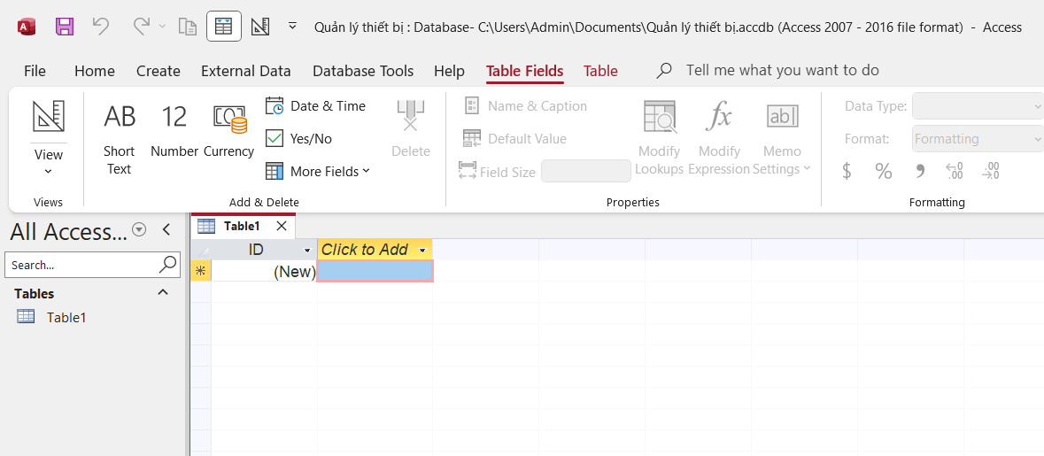MS Access tạo một table trống