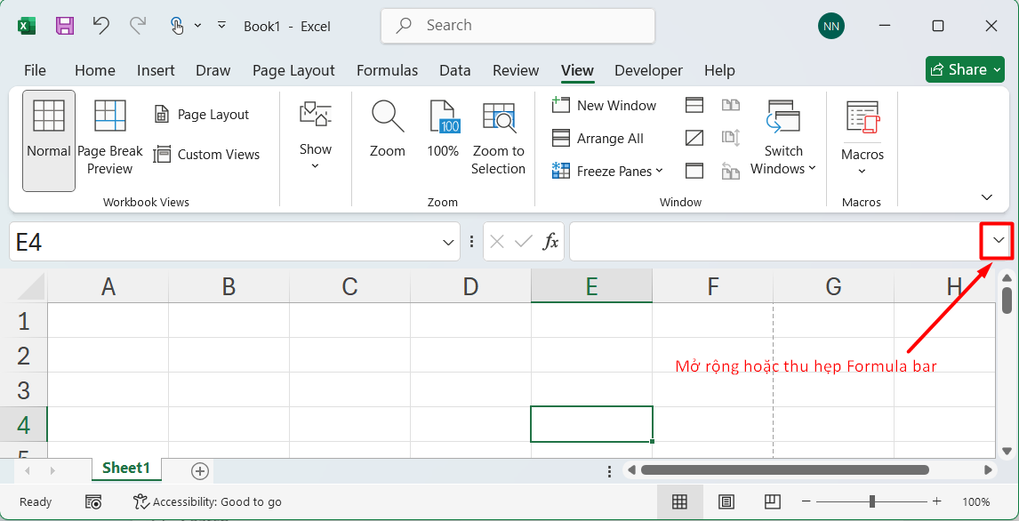 Mở rộng hoặc thu hẹp formula bar