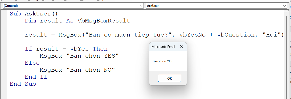 Nhận giá trị người dùng chọn-Yes