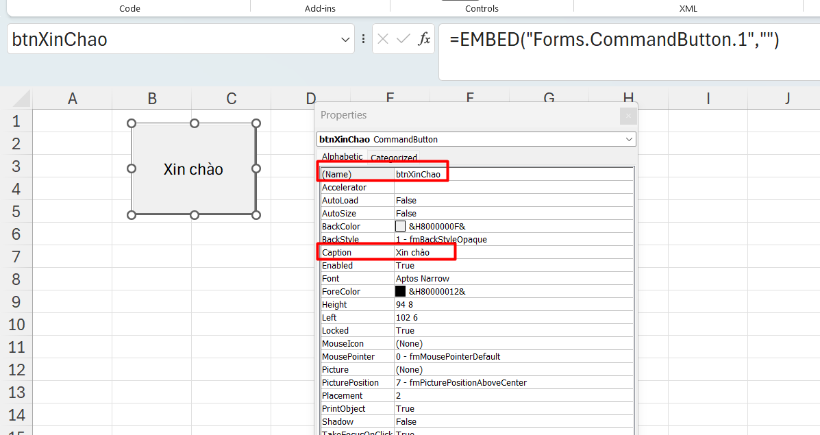Sửa Name và Caption cho Button