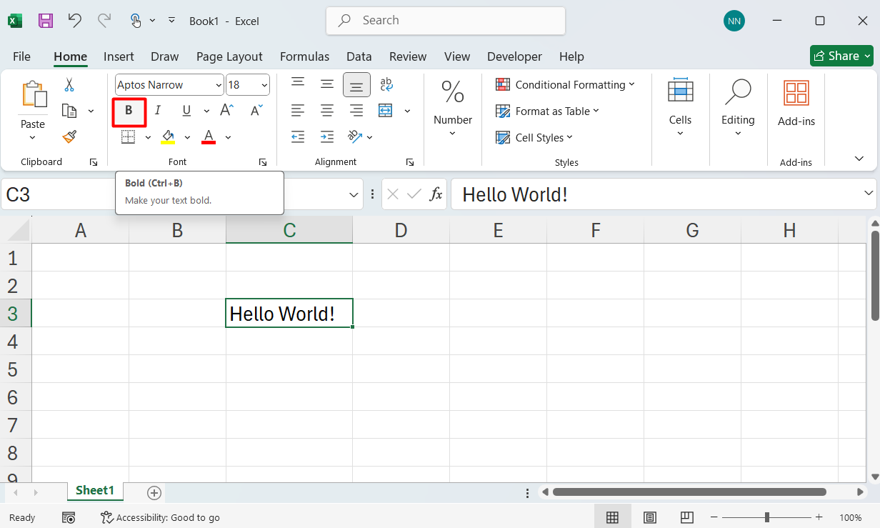 Thao tác với Ribbon - Bươc 2 - Bấm vào B ( command làm bold chữ)