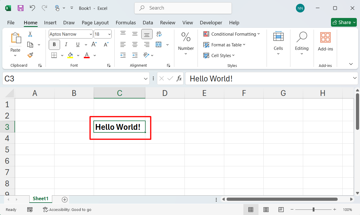 Thao tác với Ribbon - Kết quả chữ tại ô được chọn đã được bold