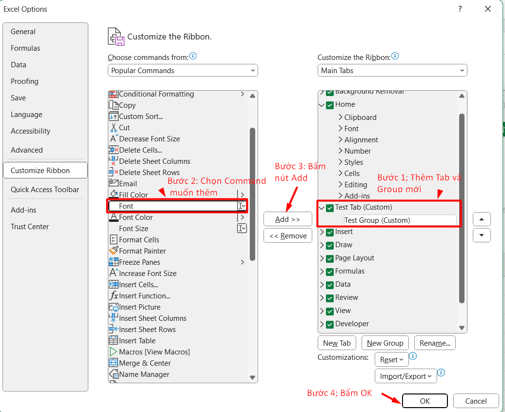 Tùy chỉnh thanh Ribbon trong Excel Thêm Command