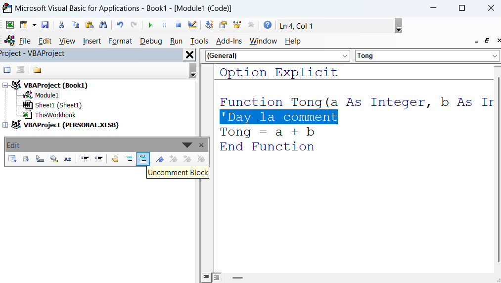 Uncomment block trong VBA
