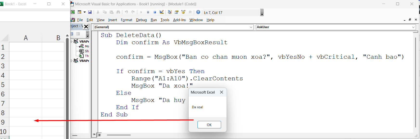 Xác nhận xóa từ người dùng- Đồng ý-Dữ liệu vùng được chọn đã được xóa