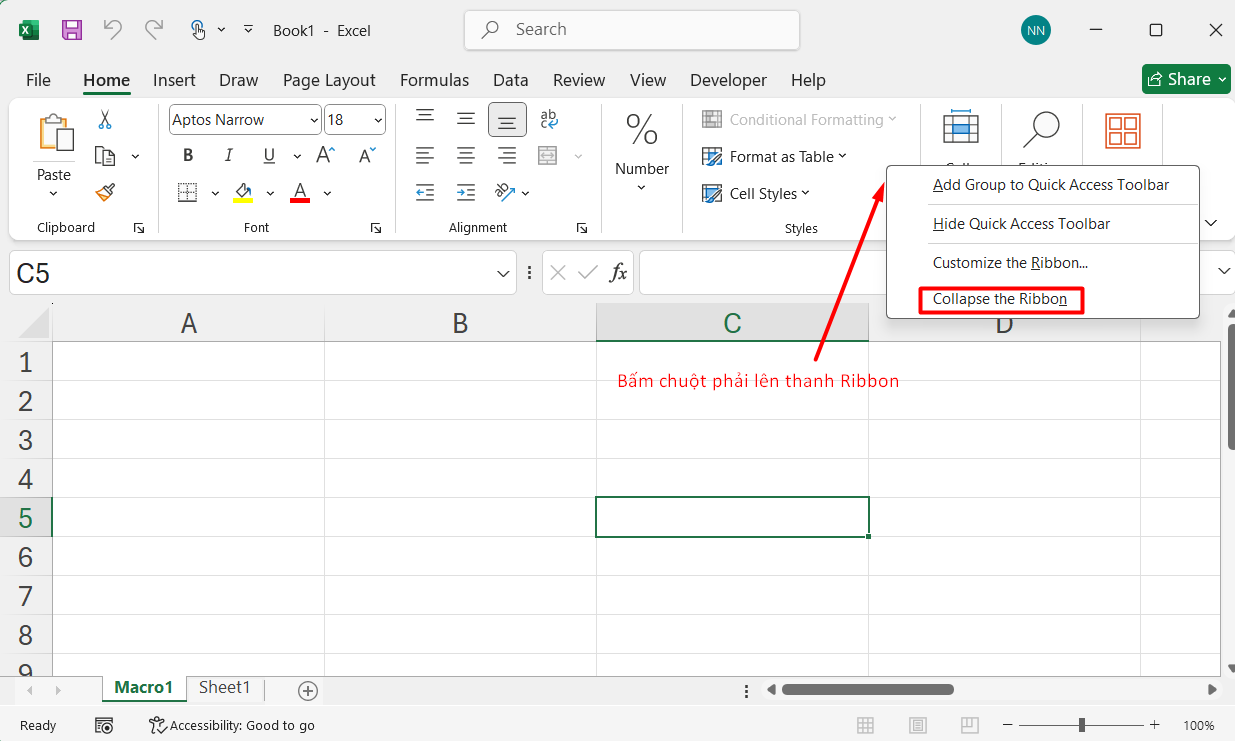 Thu gọn thanh ribbon trong excel
