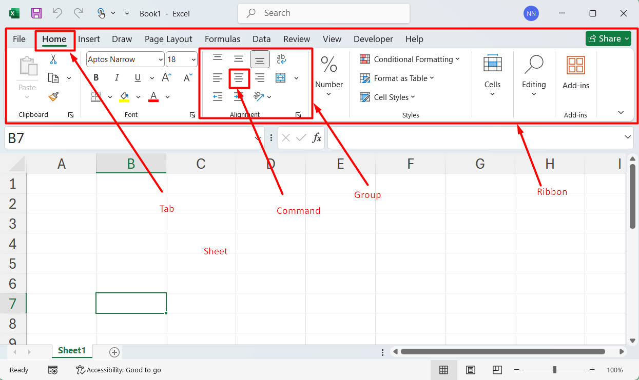 Thanh ribbon trong Excel