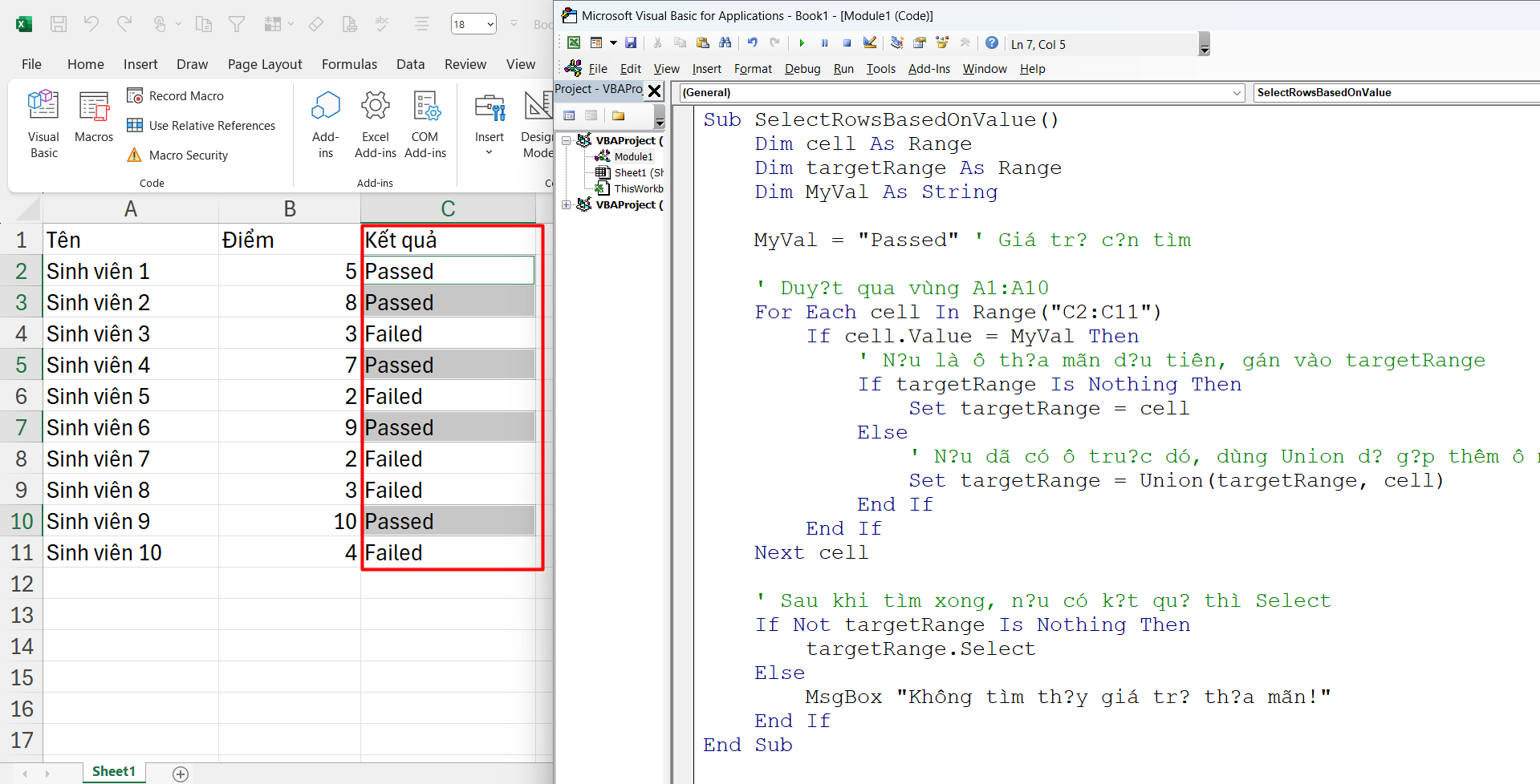 Chọn cell dựa trên giá trị của ô trong vba excel