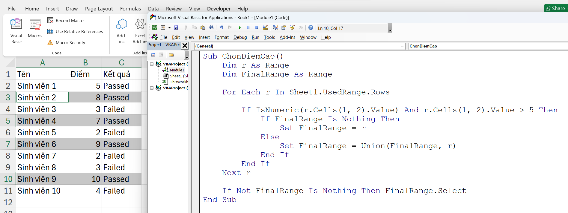 Chọn vùng dựa trên giá trị số của ô trong VBA Excel