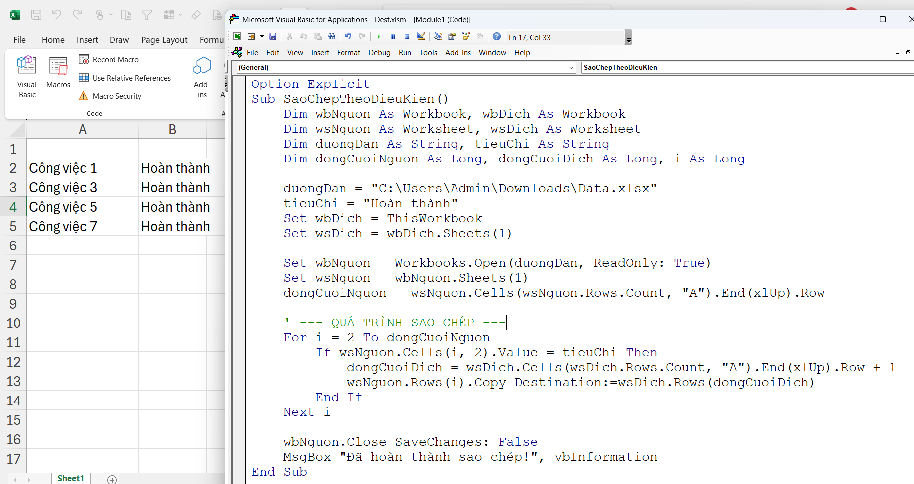Copy dữ liệu từ worksheet nguồn sang worksheet đích theo tiêu chí bằng vòng lặp